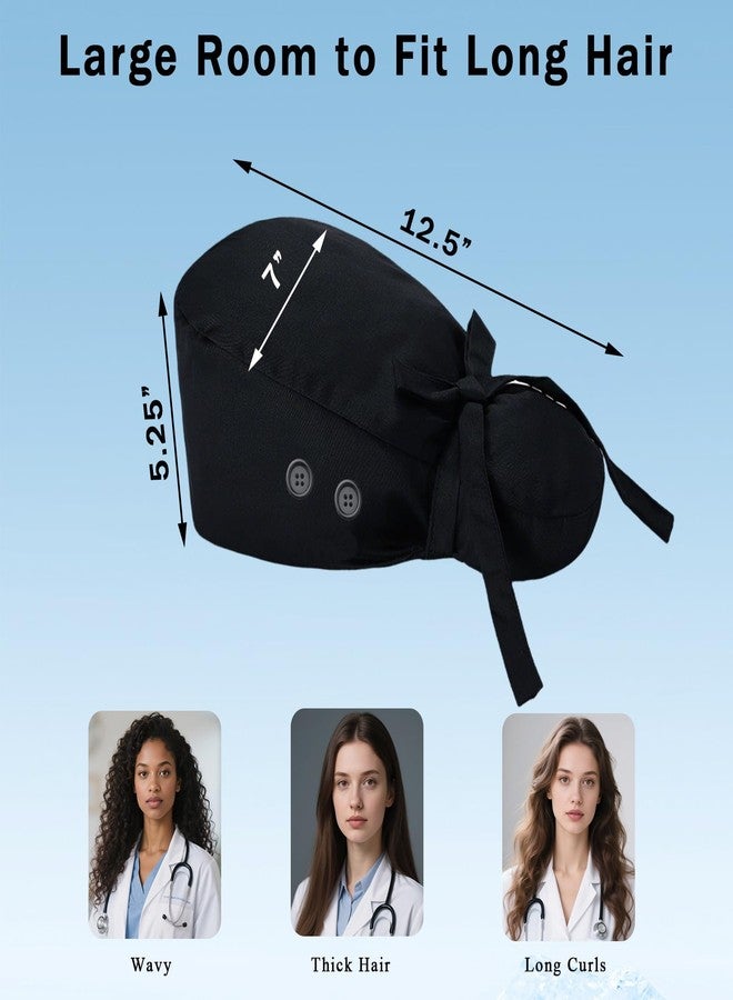 Hapforever 1PC Satin Lined Scrub Cap for Women, Surgical Nurse Caps with 4 Buttons Cotton Working Hat Sweatband Ponytail Scrub Caps for Long Hair Women with 2 Hair Ties (Black) - Image 4